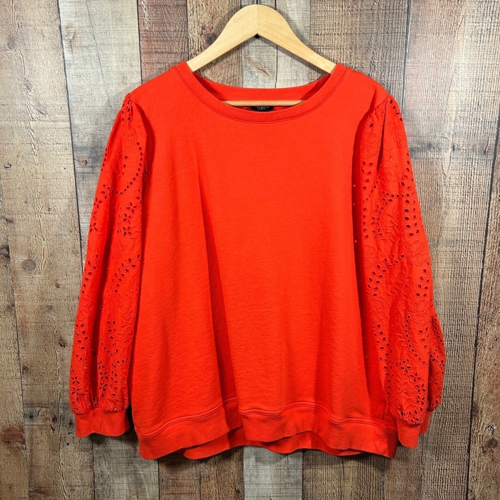 Talbots Plus Petite Eyelet Lace Sleeve Sweatshirt Top Orange 3XP Cotton 3X